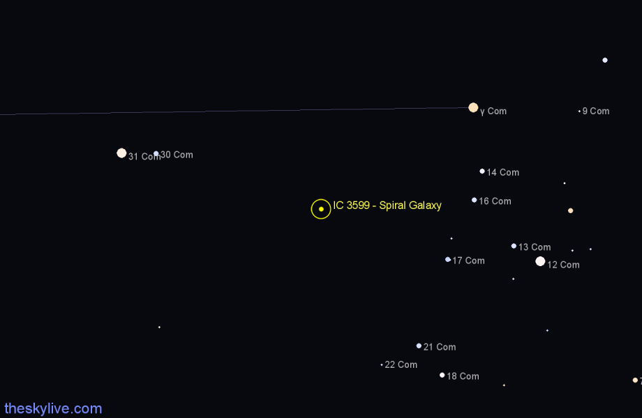 Finder chart IC 3599 - Spiral Galaxy in Coma Berenices star