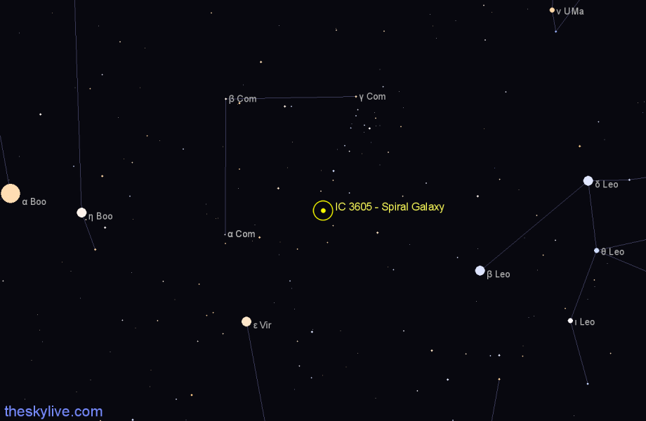 Finder chart IC 3605 - Spiral Galaxy in Coma Berenices star