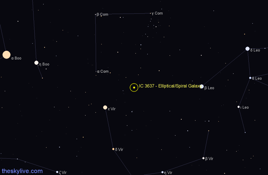 Finder chart IC 3637 - Elliptical/Spiral Galaxy in Coma Berenices star