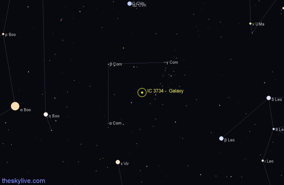 Finder chart IC 3734 - Galaxy in Coma Berenices star