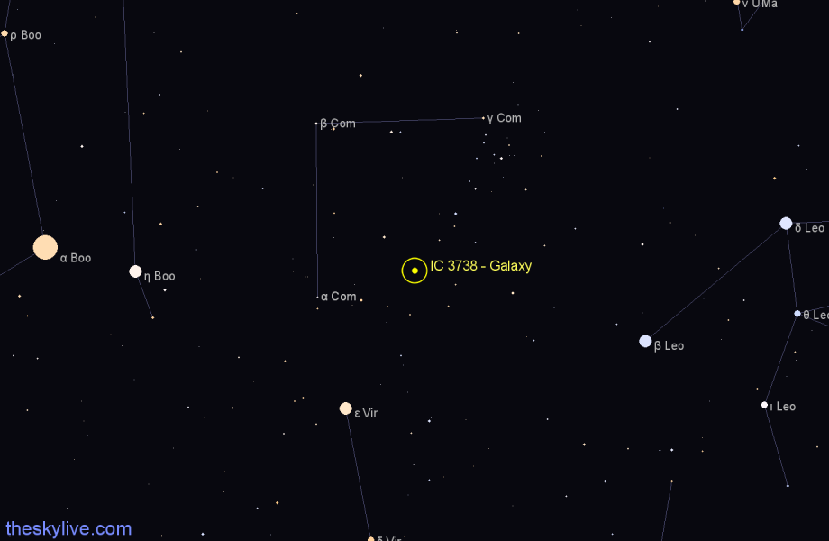 Finder chart IC 3738 - Galaxy in Coma Berenices star