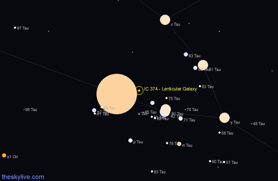 Finder chart IC 374 - Lenticular Galaxy in Taurus star