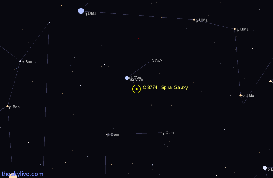 Finder chart IC 3774 - Spiral Galaxy in Canes Venatici star