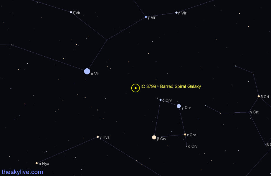 Finder chart IC 3799 - Barred Spiral Galaxy in Corvus star