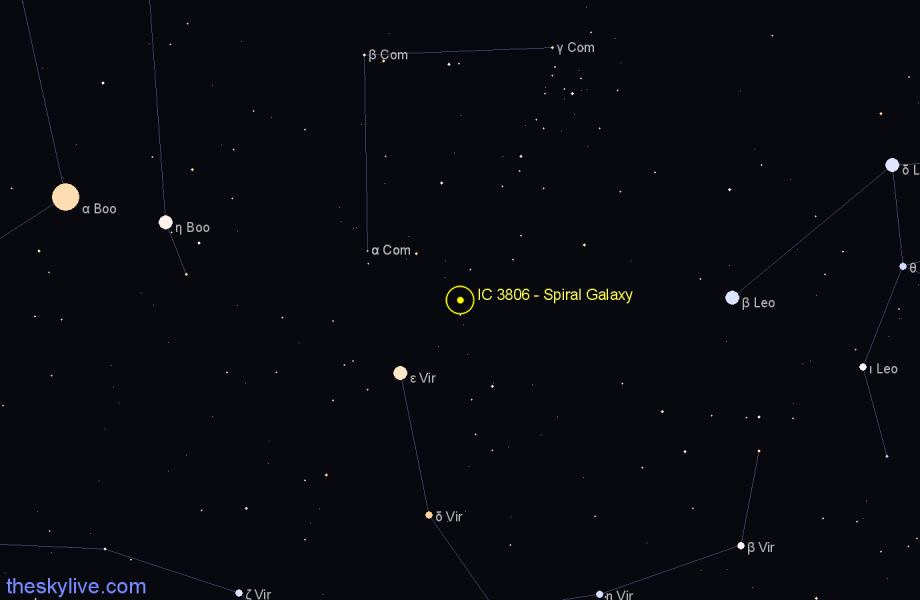 Finder chart IC 3806 - Spiral Galaxy in Coma Berenices star