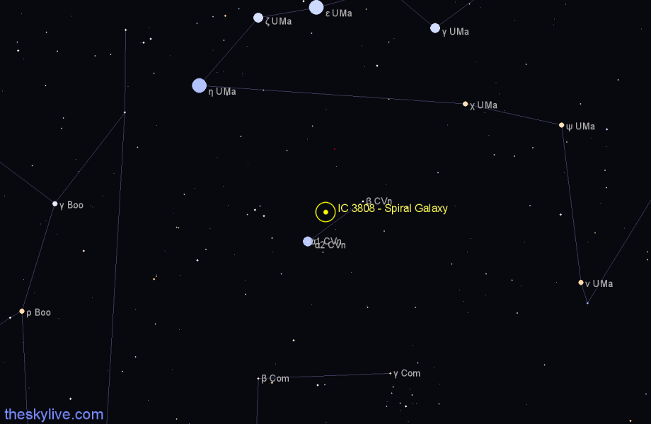 Finder chart IC 3808 - Spiral Galaxy in Canes Venatici star