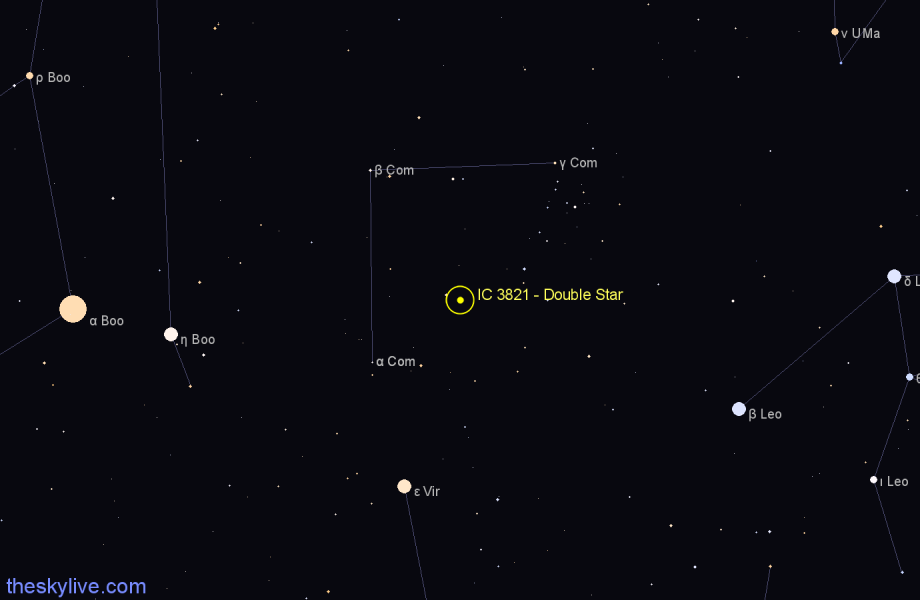 Finder chart IC 3821 - Double Star in Coma Berenices star