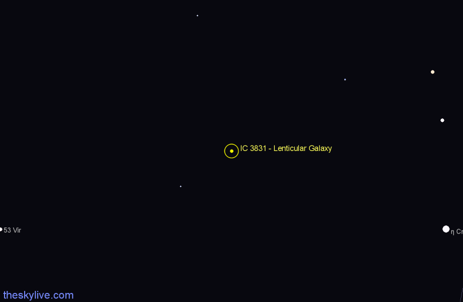 Finder chart IC 3831 - Lenticular Galaxy in Corvus star