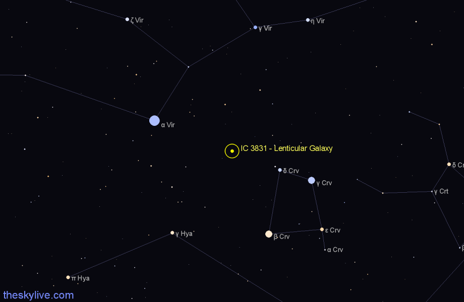 Finder chart IC 3831 - Lenticular Galaxy in Corvus star