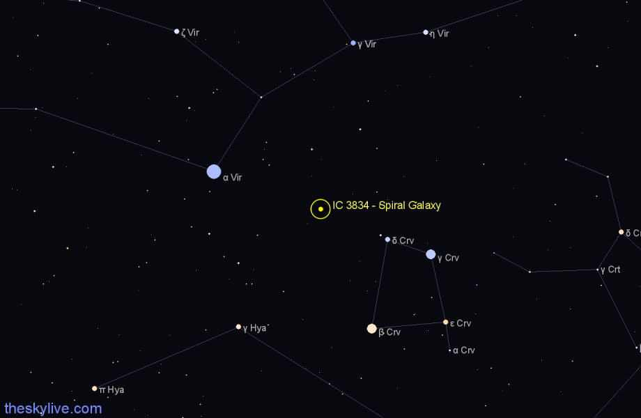 Finder chart IC 3834 - Spiral Galaxy in Corvus star