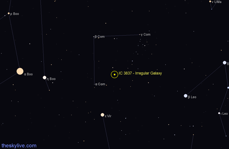 Finder chart IC 3837 - Irregular Galaxy in Coma Berenices star