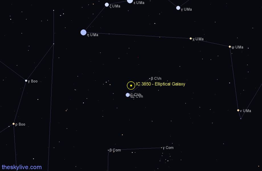 Finder chart IC 3850 - Elliptical Galaxy in Canes Venatici star