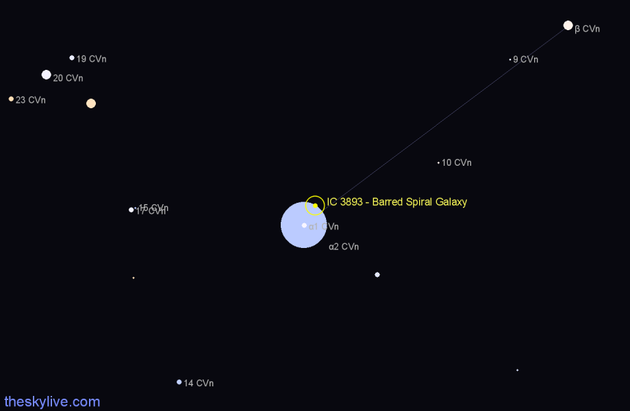 Finder chart IC 3893 - Barred Spiral Galaxy in Canes Venatici star