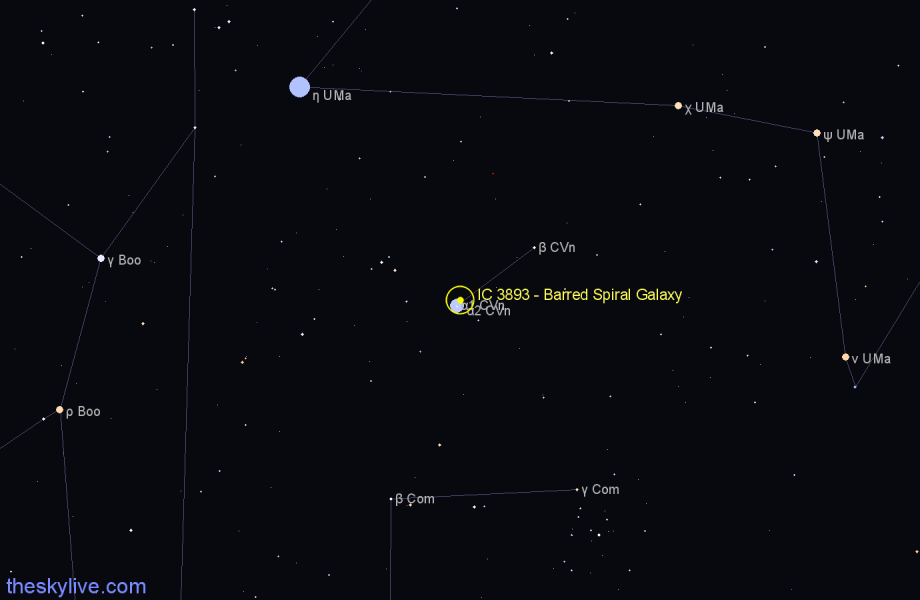 Finder chart IC 3893 - Barred Spiral Galaxy in Canes Venatici star