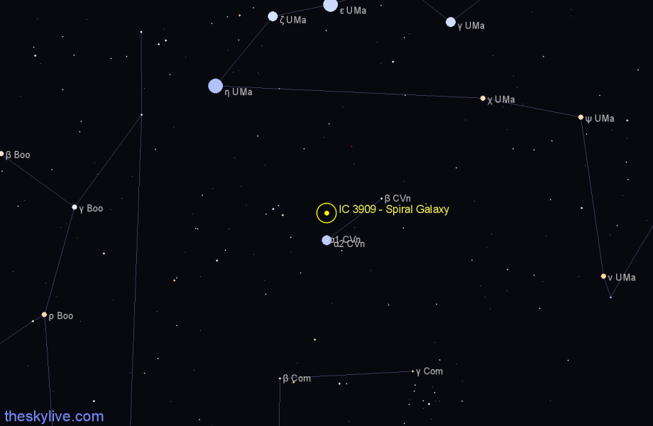 Finder chart IC 3909 - Spiral Galaxy in Canes Venatici star