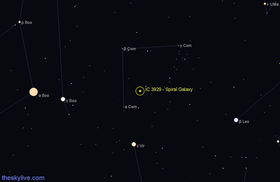 Finder chart IC 3929 - Spiral Galaxy in Coma Berenices star