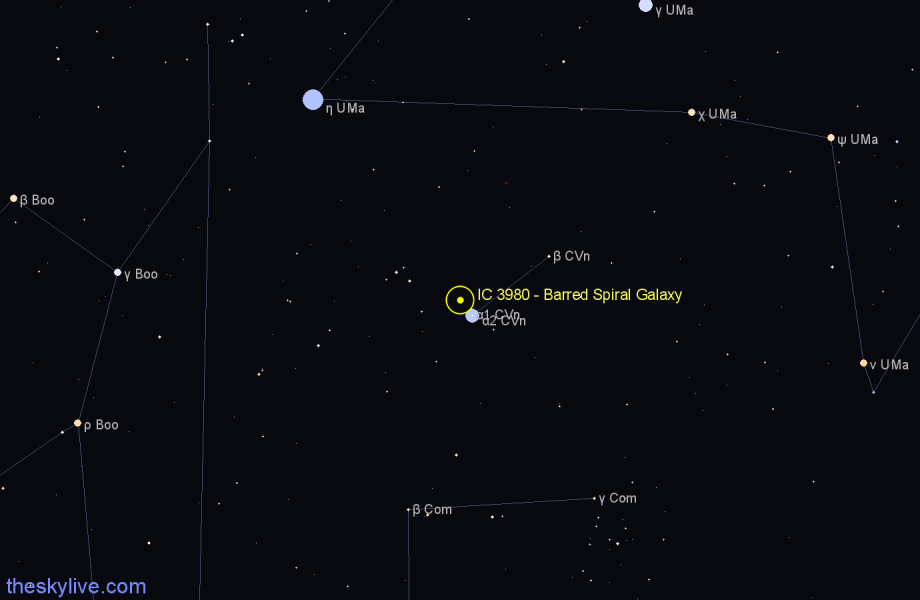 Finder chart IC 3980 - Barred Spiral Galaxy in Canes Venatici star