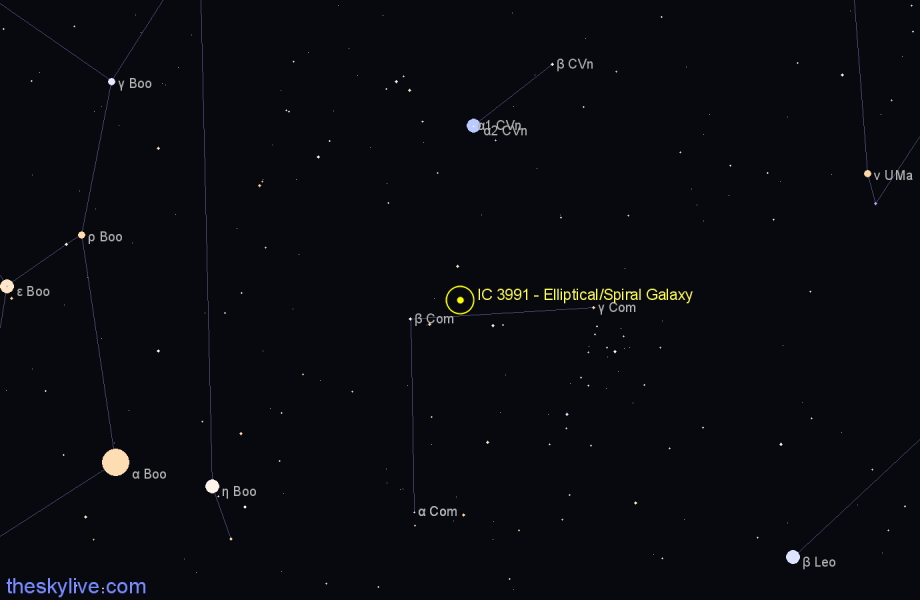 Finder chart IC 3991 - Elliptical/Spiral Galaxy in Coma Berenices star