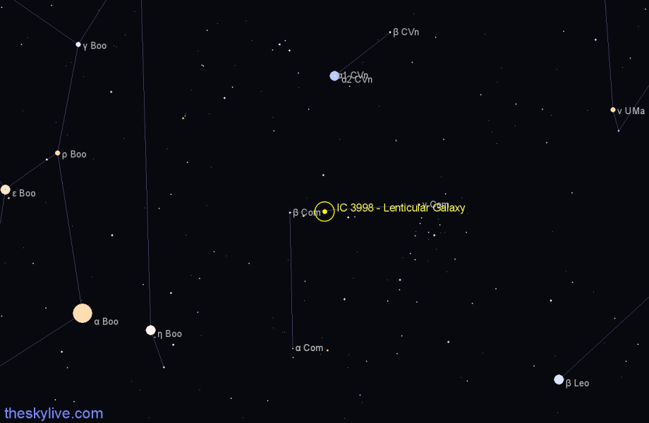 Finder chart IC 3998 - Lenticular Galaxy in Coma Berenices star