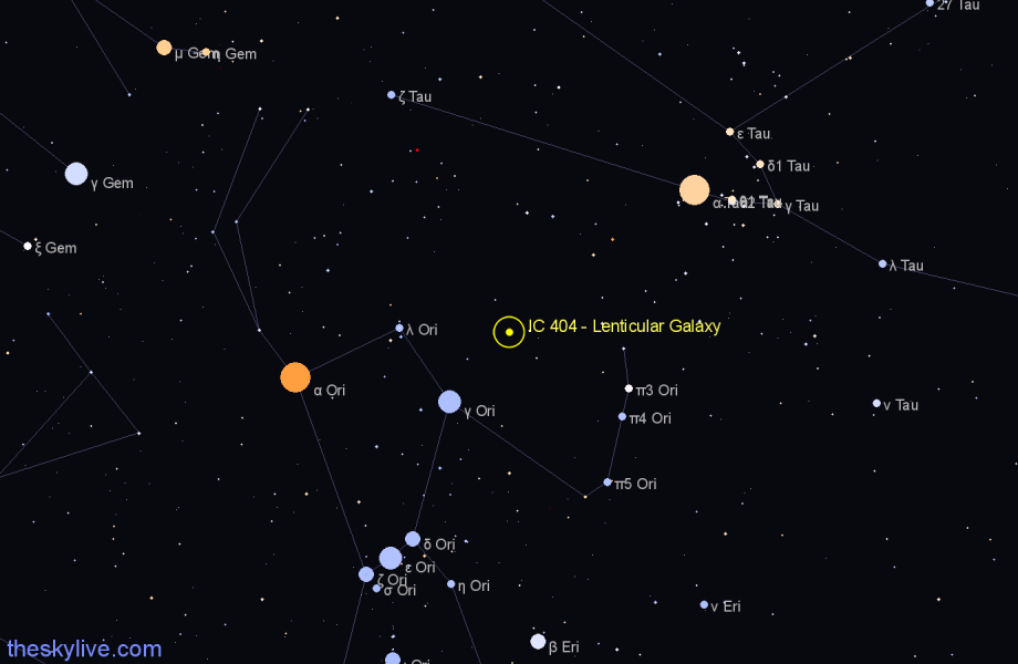 Finder chart IC 404 - Lenticular Galaxy in Orion star