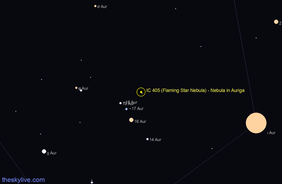 Finder chart IC 405 (Flaming Star Nebula) - Nebula in Auriga star