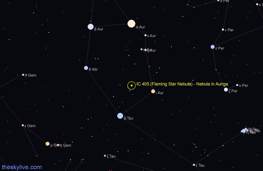 Finder chart IC 405 (Flaming Star Nebula) - Nebula in Auriga star