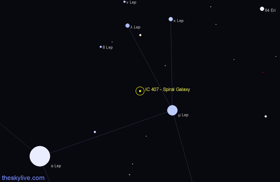 Finder chart IC 407 - Spiral Galaxy in Lepus star