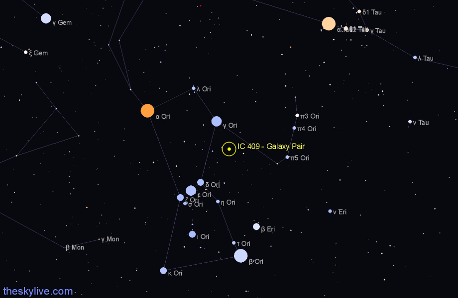 Finder chart IC 409 - Galaxy Pair in Orion star