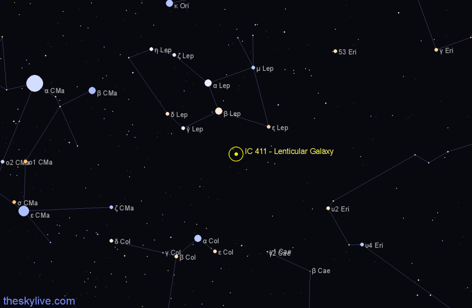 Finder chart IC 411 - Lenticular Galaxy in Lepus star