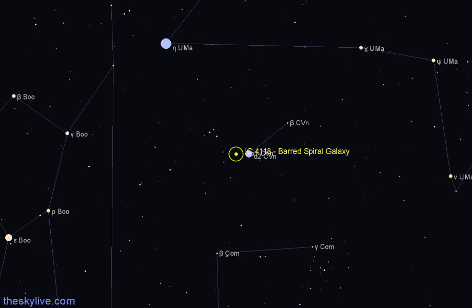 Finder chart IC 4118 - Barred Spiral Galaxy in Canes Venatici star