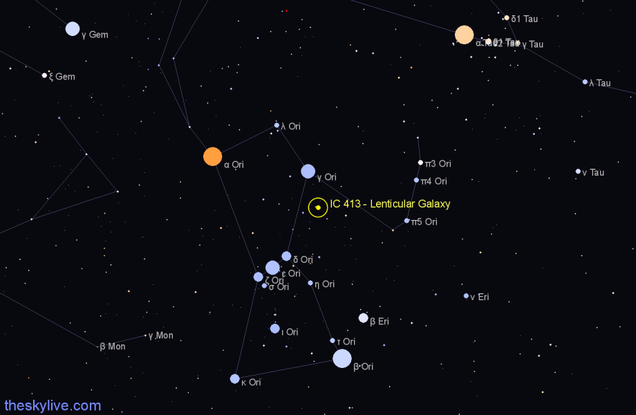 Finder chart IC 413 - Lenticular Galaxy in Orion star