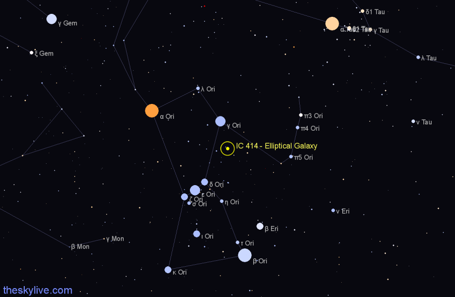 Finder chart IC 414 - Elliptical Galaxy in Orion star
