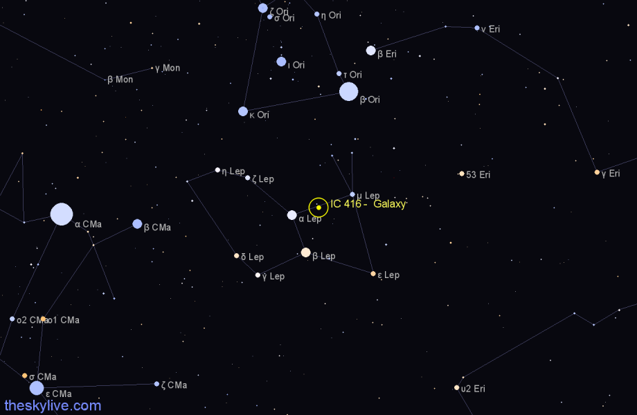 Finder chart IC 416 - Galaxy in Lepus star