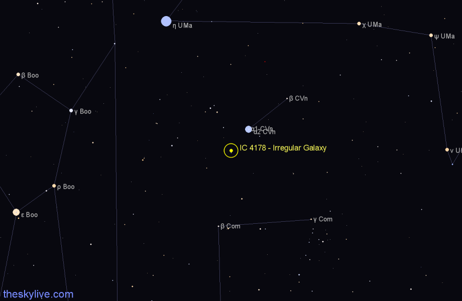 Finder chart IC 4178 - Irregular Galaxy in Canes Venatici star