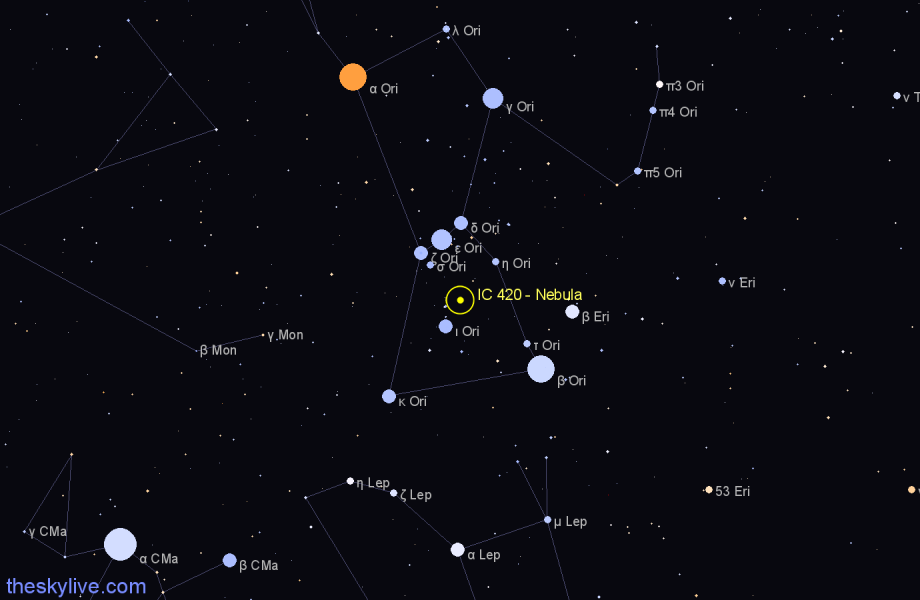 Finder chart IC 420 - Nebula in Orion star