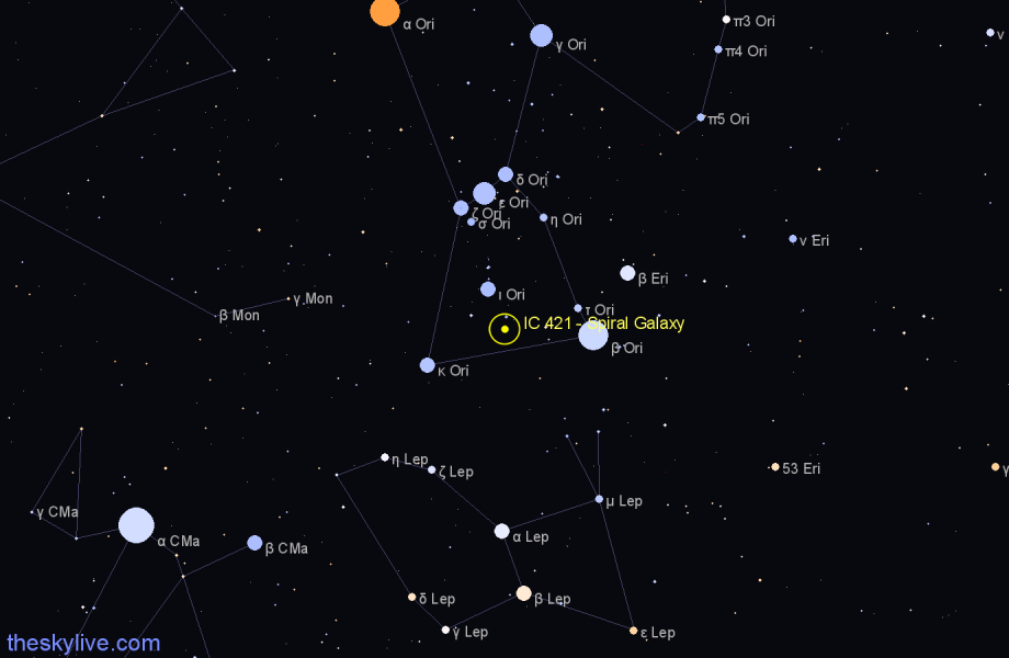 Finder chart IC 421 - Spiral Galaxy in Orion star