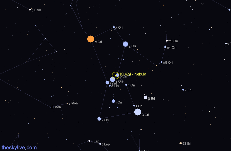 Finder chart IC 424 - Nebula in Orion star