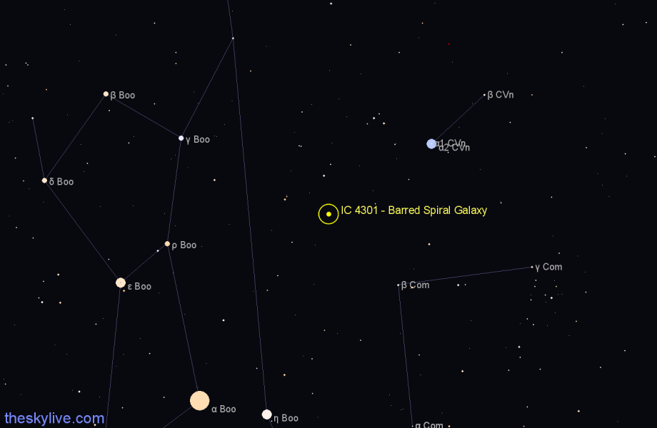 Finder chart IC 4301 - Barred Spiral Galaxy in Canes Venatici star