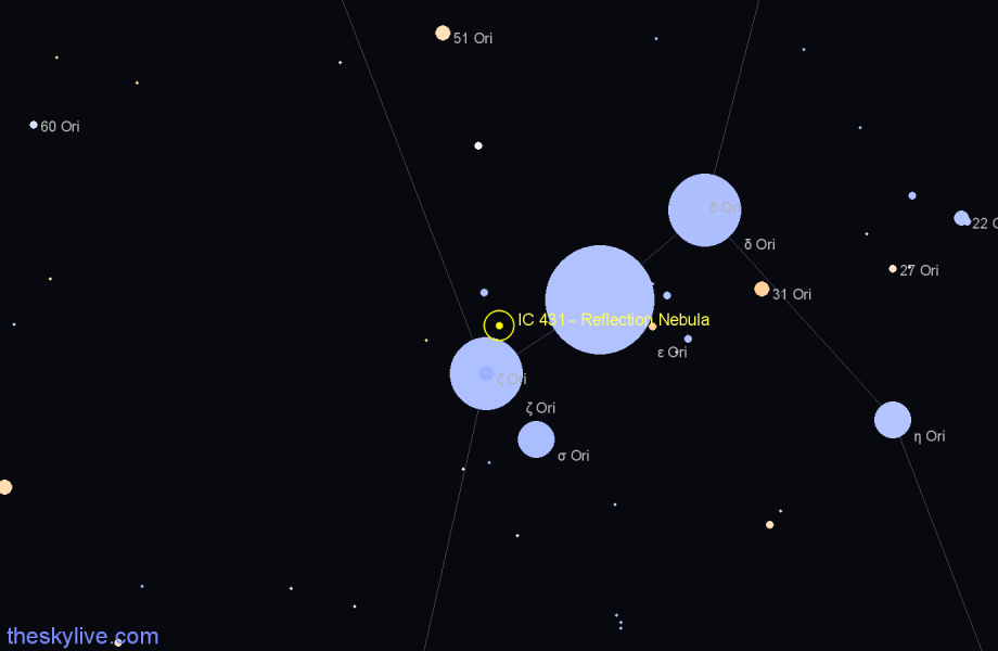 Finder chart IC 431 - Reflection Nebula in Orion star