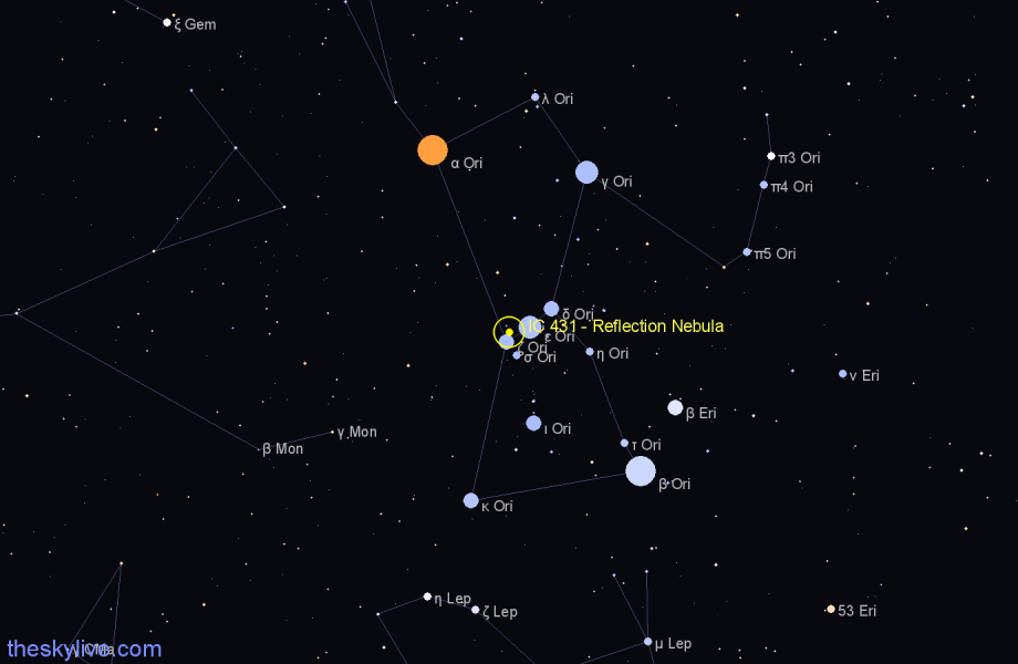 Finder chart IC 431 - Reflection Nebula in Orion star