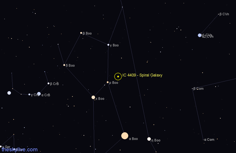 Finder chart IC 4409 - Spiral Galaxy in Boötes star