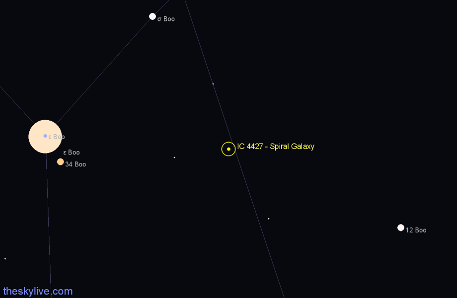 Finder chart IC 4427 - Spiral Galaxy in Boötes star