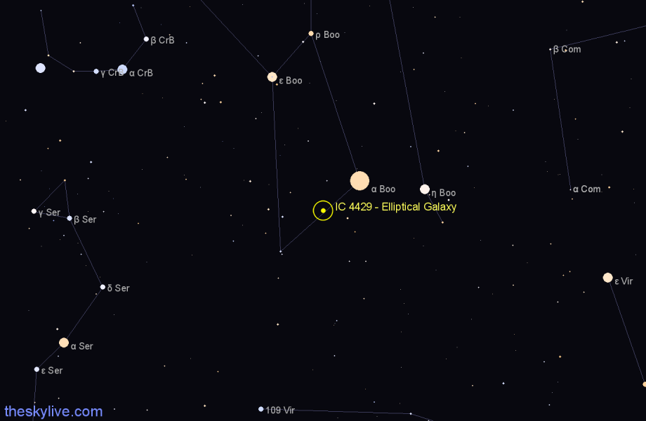 Finder chart IC 4429 - Elliptical Galaxy in Boötes star