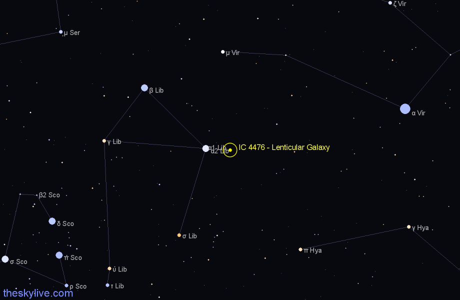 Finder chart IC 4476 - Lenticular Galaxy in Libra star