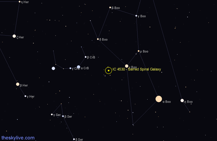 Finder chart IC 4530 - Barred Spiral Galaxy in Boötes star