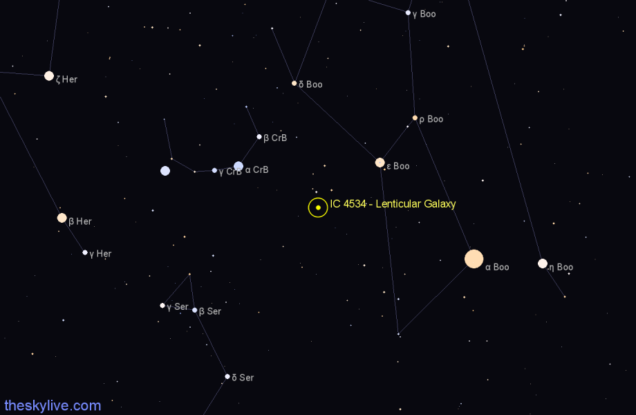 Finder chart IC 4534 - Lenticular Galaxy in Boötes star