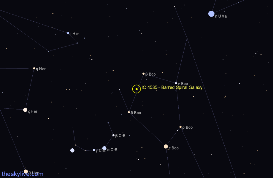 Finder chart IC 4535 - Barred Spiral Galaxy in Boötes star