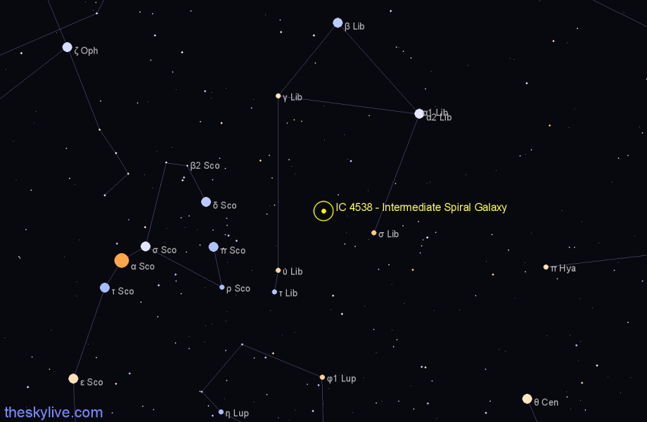 Finder chart IC 4538 - Intermediate Spiral Galaxy in Libra star
