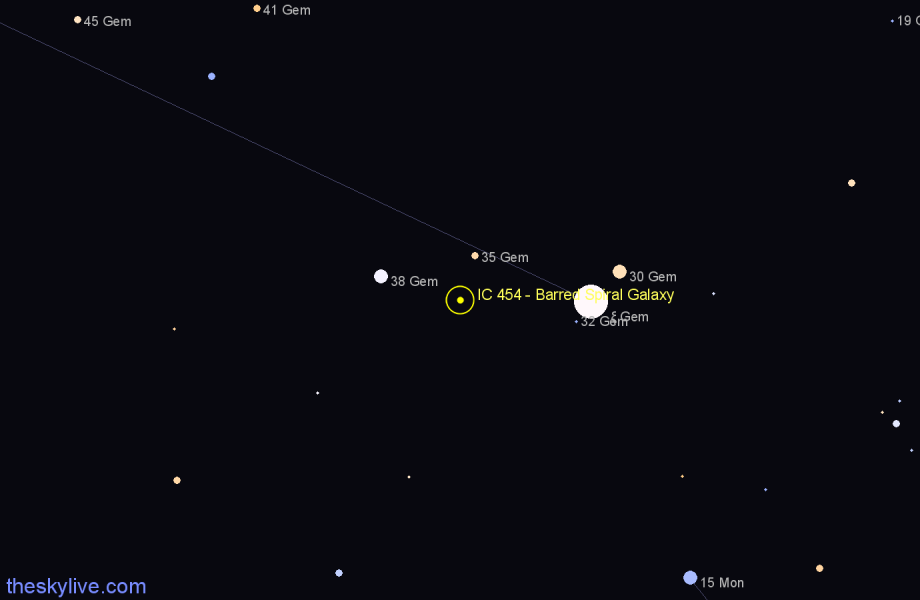 Finder chart IC 454 - Barred Spiral Galaxy in Gemini star