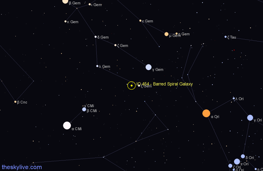 Finder chart IC 454 - Barred Spiral Galaxy in Gemini star